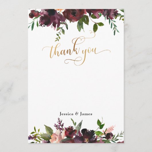 ダークレッドブルゴーニュフローラ金ゴールドフラットサンキューカード サンキューカード (正面)