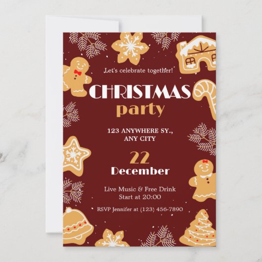 ダークレッドベージュキュートシンプルクリスマスクリスマスパーティー 招待状 (正面)