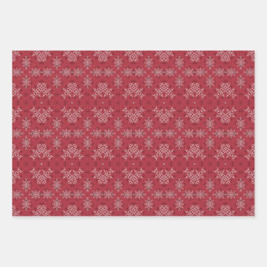 ダークレッドモザイクのホワイトレーススノーフレークオーナメント ラッピングペーパーシート (正面3)