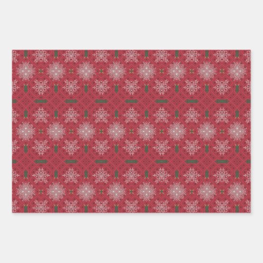 ダークレッドモザイクのホワイトレーススノーフレークオーナメント ラッピングペーパーシート (正面2)