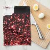 ダークレッドラディバグフェイクグリッタースパークルズモノグラム キッチンタオル (四つ折り)