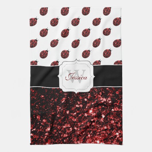 ダークレッドラディバグフェイクグリッタースパークルズモノグラム キッチンタオル (縦)