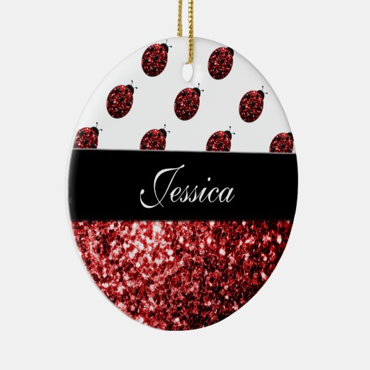 ダークレッドラディバグフェイクグリッタースパークルズモノグラム セラミックオーナメント (右)
