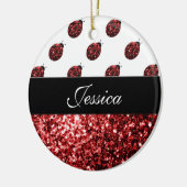 ダークレッドラディバグフェイクグリッタースパークルズモノグラム セラミックオーナメント (左)