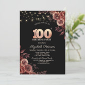 ダークレッドローズとブラックのストリングライト 100歳の誕生日 招待状 (スタンド正面)