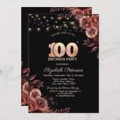 ダークレッドローゼストリングライツブラック100誕生日 招待状 (正面/裏面)