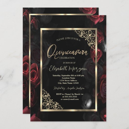 ダークレッドローゼス金ゴールドフレームブラックキンセアニラ 招待状 (正面/裏面)