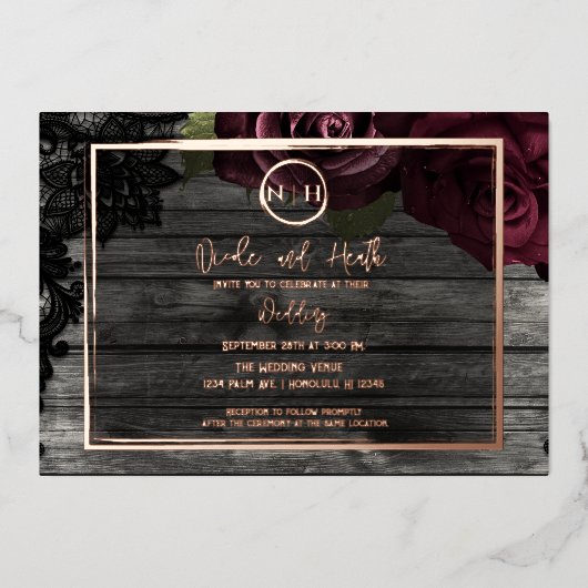 ダークレッドローゼズウッド&レース素朴ズ結婚 箔招待状 (正面)