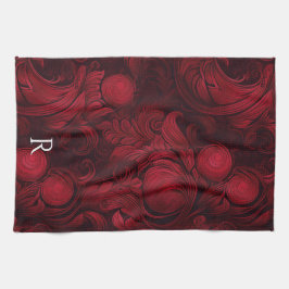 ダークレッド抽象芸術旋回パターモノグラムのン キッチンタオル