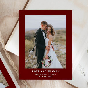 ダークレッド文字と写真 さん結婚ありがとう ポストカード