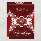 ダークレッド結婚式招待状上のホワイトレースユニーク 招待状 (正面/裏面)