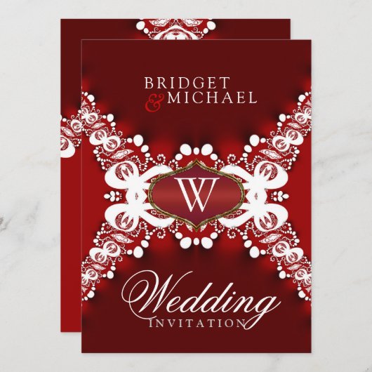ダークレッド結婚式招待状上のホワイトレースユニーク 招待状 (正面/裏面)