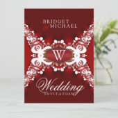 ダークレッド結婚式招待状上のホワイトレースユニーク 招待状 (スタンド正面)