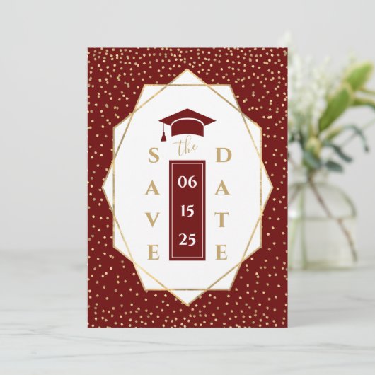 ダークレッド金ゴールド幾何学卒業パーティー 案内状 (スタンド正面)