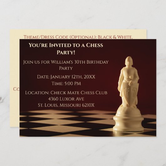 ダークレッド30th誕生日パーティーチェスポーン 招待状 (正面/裏面)