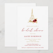 ダークレッド＆ゴールド フローラル エッフェル塔 ブライダルシャワー 招待状 (正面/裏面)