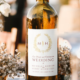 ダークレッド ゴールド 手描きの葉のモノグラム アート ウェディング ワインラベル