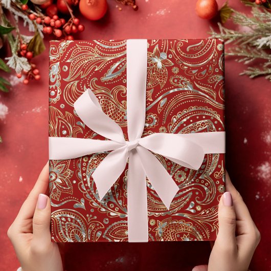 ダークレッド&シャイニーシルバー&金ゴールドフローラペイズリー ラッピングペーパー