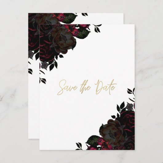 ダークレッド & ブラック フラワーのゴシック風 Save the Date 案内ポストカード (正面/裏面)