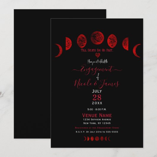ダークレッド ブラック ムーンフェイズ ゴシックエンゲージメントパーティ 招待状 (正面/裏面)