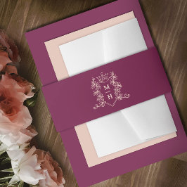 ダークレッド・ブルゴーニュ・ピーチ・クラウンモノグラム結婚ズ 招待状ベリーバンド