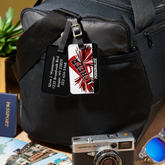 ダークレッド、ホワイト、ブラックのチアリーダーMegaphone ラゲッジタグ (正面&裏面)