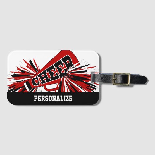ダークレッド、ホワイト、ブラックのチアリーダーMegaphone ラゲッジタグ (正面横)