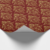 ダークレッド&メタリックゴールドフォイルルックフローラダマスク ラッピングペーパー (コーナー)