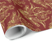 ダークレッド&メタリックゴールドフォイルルックフローラダマスク ラッピングペーパー (ロールコーナー)
