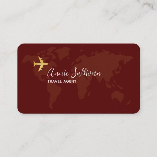 ダークレッド・ワールド地図と飛行機旅行 名刺 (正面)