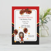 ダークレッド&金ゴールドのチアリーダー誕生日パーティー 招待状 (スタンド正面)