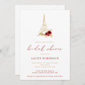 ダークレッド&金ゴールドフローラエッフェルタワーブライダルシャワー 招待状 (正面/裏面)