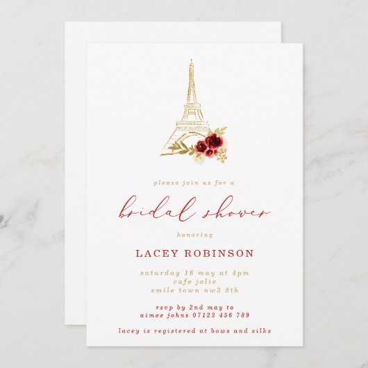 ダークレッド&金ゴールドフローラエッフェルタワーブライダルシャワー 招待状 (正面/裏面)