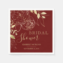 ダークレッド&金ゴールドモダンフローラブライダルシャワーナプキン