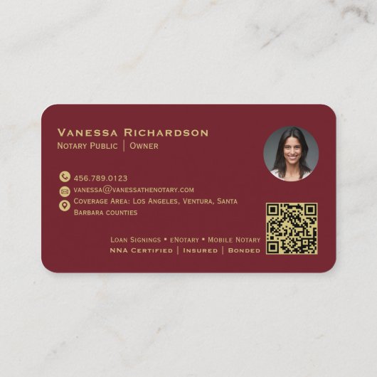 ダークレッド&金ゴールドモノグラムエレガントQRフォト公証人 名刺 (裏面)