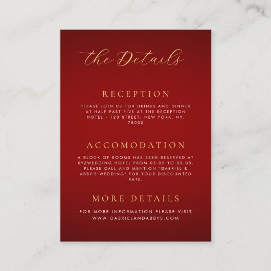 ダークレッド&金ゴールドモノグラムロマン結婚ティック詳細 エンクロージャーカード (正面)