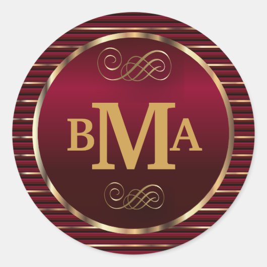 ダークレッド&金ゴールドモノグラム封筒用シール ラウンドシール (正面)