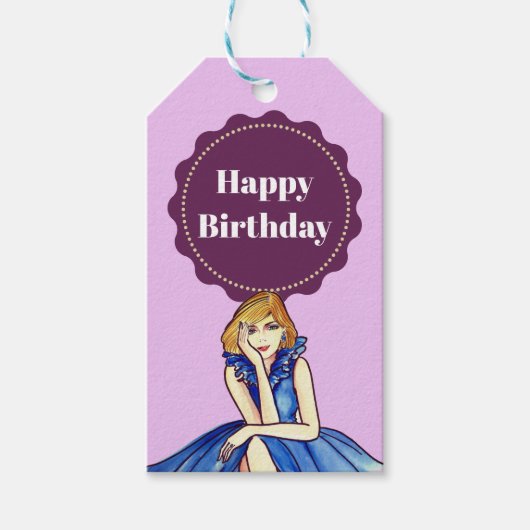 ダークロイヤルブルーのコックテールドレスのファッションイラスト ギフトタグ (正面)