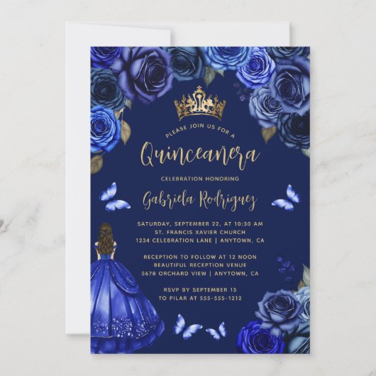 ダークロイヤルブルーの花のプリンセスのキンセアニエラ 招待状 (正面)