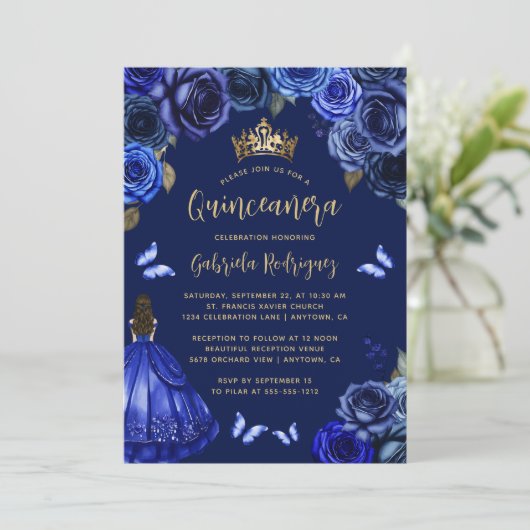 ダークロイヤルブルーの花のプリンセスのキンセアニエラ 招待状 (スタンド正面)