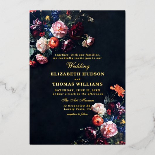 ダークロマンスフェアユタリームーディフローラ結婚フレーム 箔招待状 (正面)