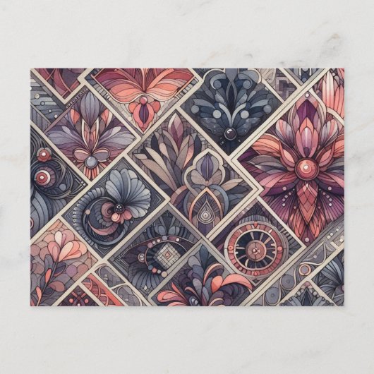 ダークロマンス バーガンディ アートデコ フラワー サマー ポストカード (正面)