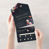 ダークロマンチックなムーディーズフローラブラック結婚フェアヤテール オールインワン招待状 (貼ってはがせる)