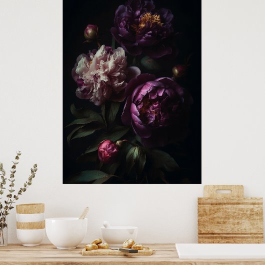 ダークロマンチックな紫色の牡丹の花の花束 ポスター (キッチン)