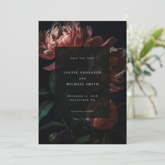 ダークロマンチックな黒い牡丹結婚フローラの写真 セーブザデート (スタンド正面)