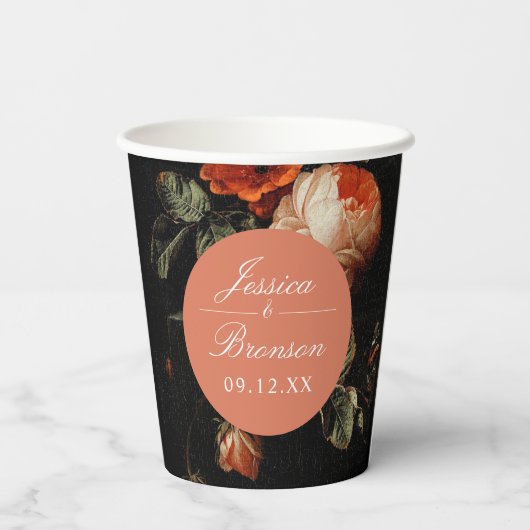 ダークロマンチックフローラピンクローズウェディングシャワー 紙コップ (裏面)