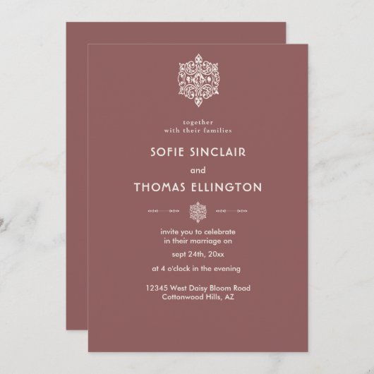 ダークローズウッドオーナメント結婚式招待状 招待状 (正面/裏面)