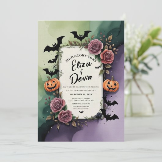 ダークローズ ハロウィン ウェディング 水彩画 招待状 (スタンド正面)