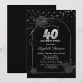 ダークローズ、ブラックの40歳の誕生日を祝うストリングライト 招待状 (正面/裏面)