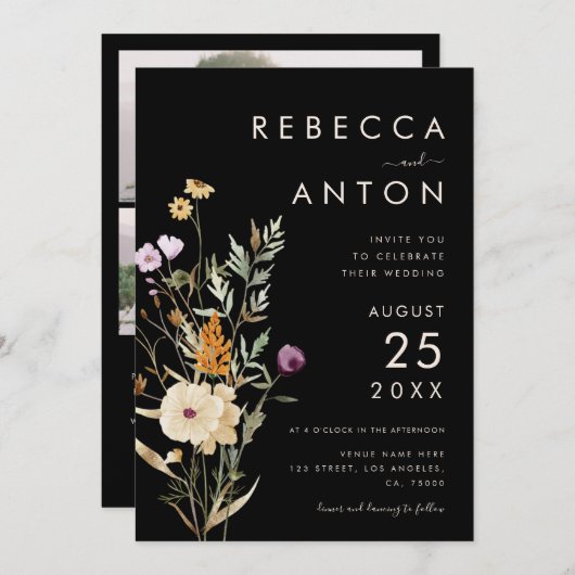 ダークワイルドフラワー3フォトコラージュQRコー結婚ド 招待状 (正面/裏面)